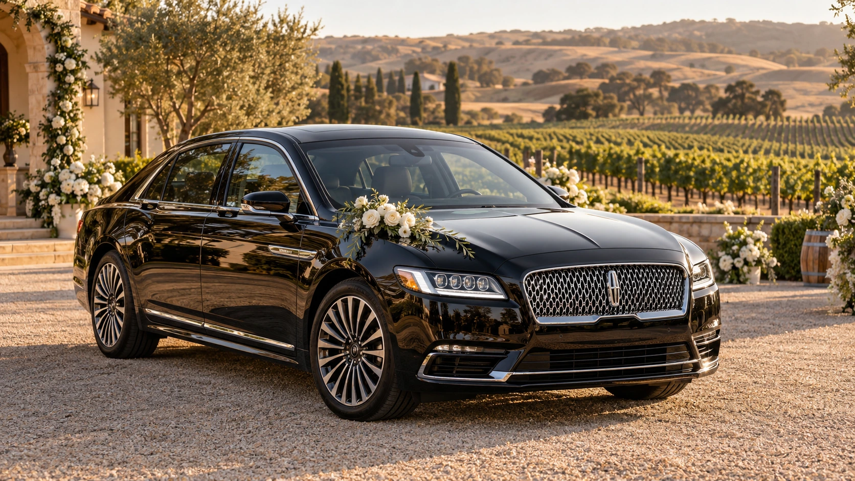 Lincoln Continental wedding car at a Santa Maria vineyard venue.